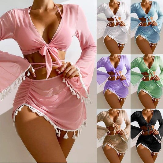 4-piece Bikini Set with Skirt & Cover-Up - Fringe