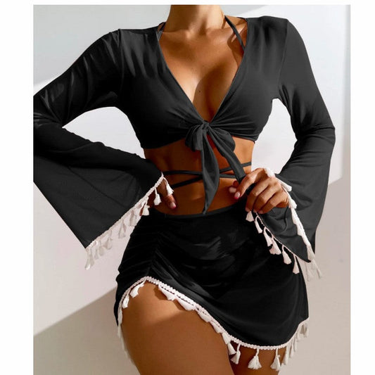 4-piece Bikini Set with Skirt & Cover-Up - Fringe